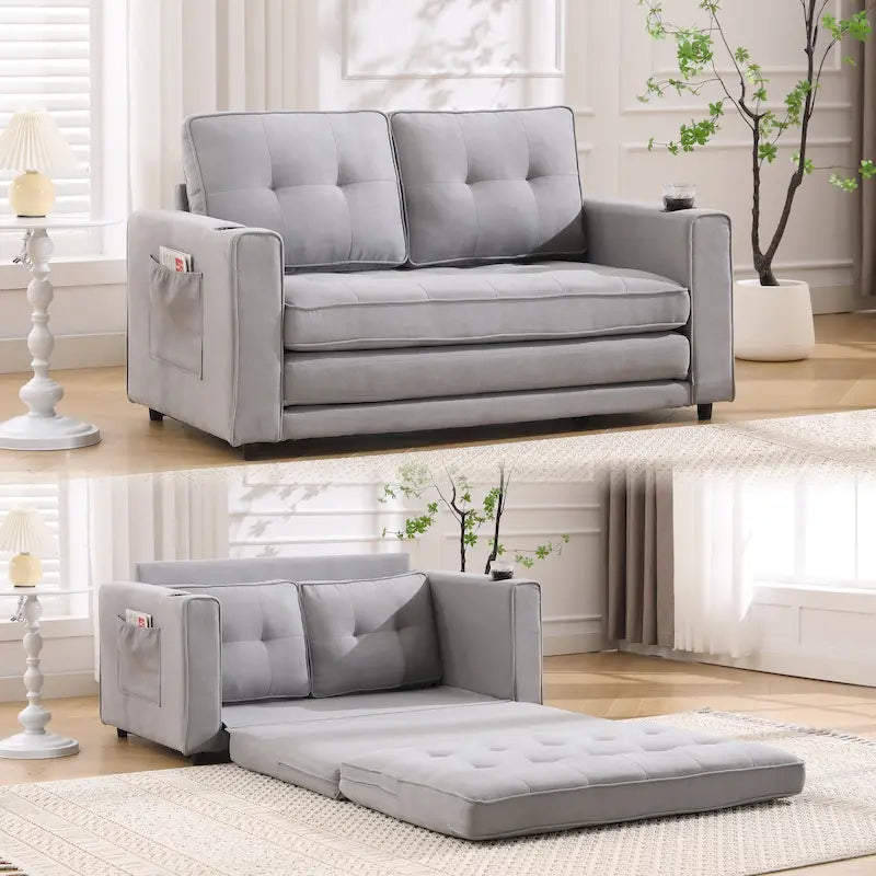 3-in-1 Foldable Tufted Loveseat Sofa Bed – Light Gray / Brown / Dark Gray / Beige, Side Pockets, Seats 2