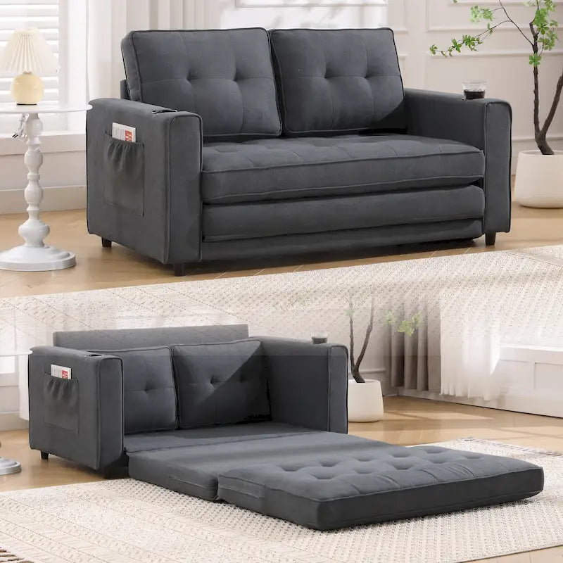 3-in-1 Foldable Tufted Loveseat Sofa Bed – Light Gray / Brown / Dark Gray / Beige, Side Pockets, Seats 2