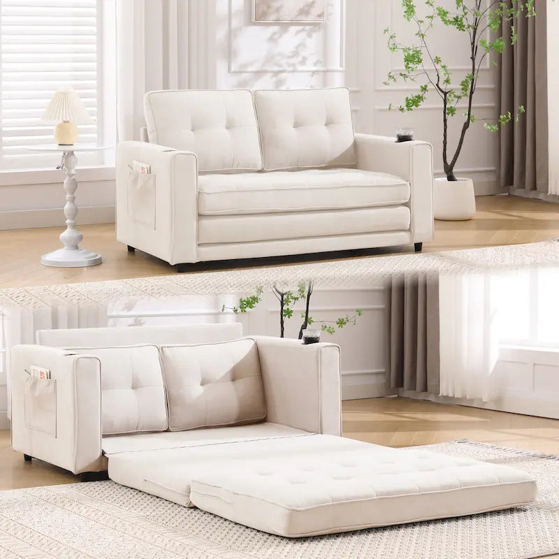 3-in-1 Foldable Tufted Loveseat Sofa Bed – Light Gray / Brown / Dark Gray / Beige, Side Pockets, Seats 2