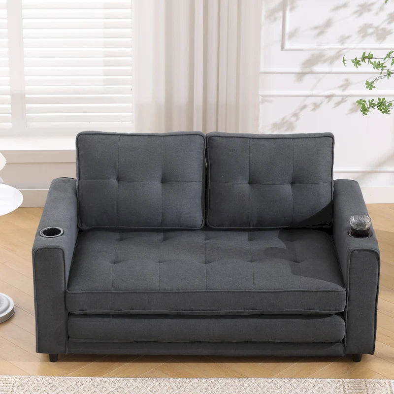 3-in-1 Foldable Tufted Loveseat Sofa Bed – Light Gray / Brown / Dark Gray / Beige, Side Pockets, Seats 2