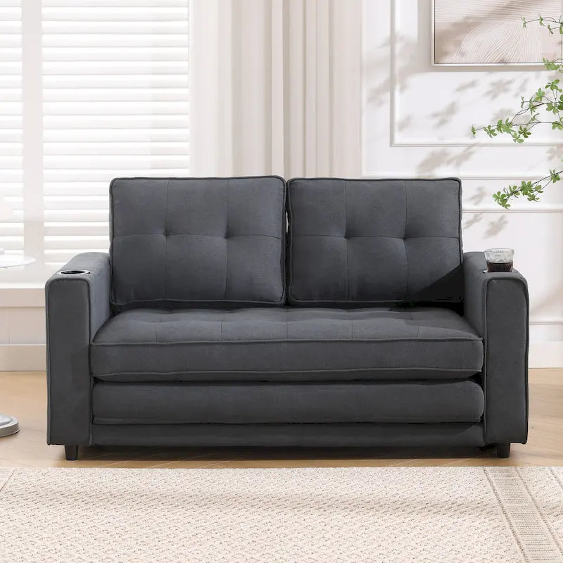 3-in-1 Foldable Tufted Loveseat Sofa Bed – Light Gray / Brown / Dark Gray / Beige, Side Pockets, Seats 2