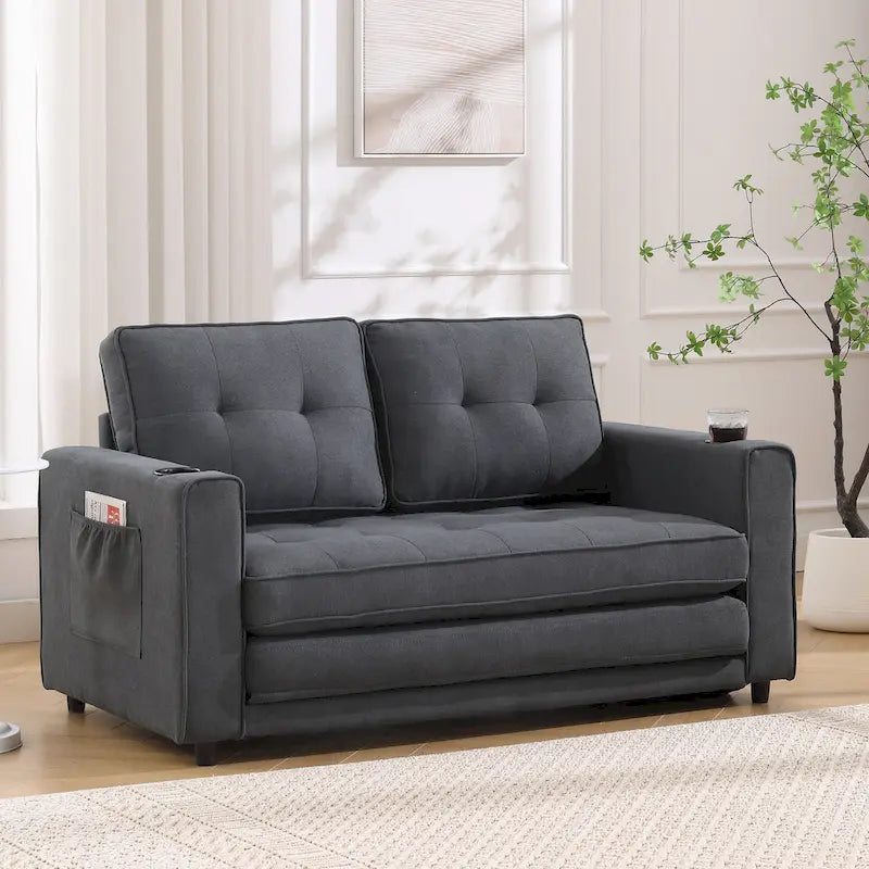 3-in-1 Foldable Tufted Loveseat Sofa Bed – Light Gray / Brown / Dark Gray / Beige, Side Pockets, Seats 2