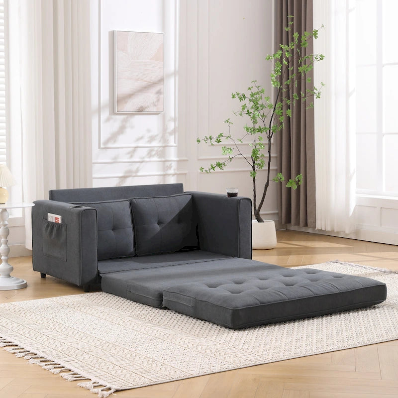 3-in-1 Foldable Tufted Loveseat Sofa Bed – Light Gray / Brown / Dark Gray / Beige, Side Pockets, Seats 2