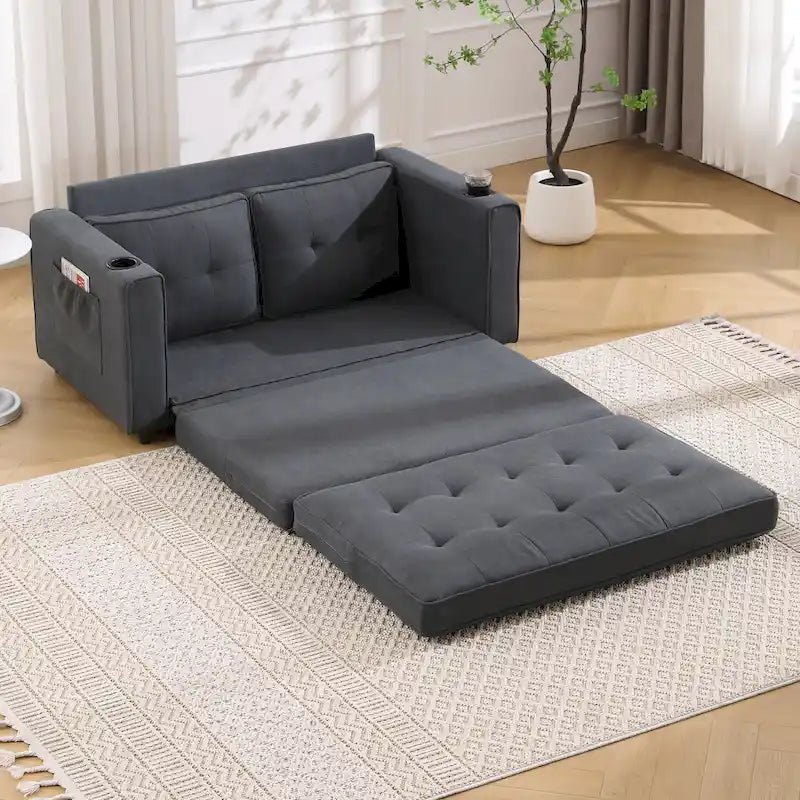 3-in-1 Foldable Tufted Loveseat Sofa Bed – Light Gray / Brown / Dark Gray / Beige, Side Pockets, Seats 2