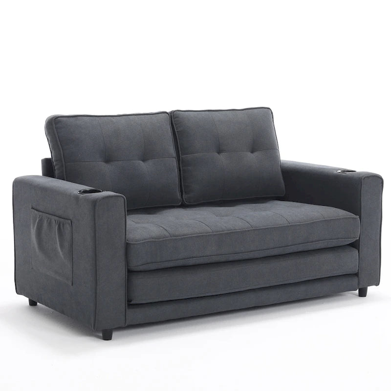 3-in-1 Foldable Tufted Loveseat Sofa Bed – Light Gray / Brown / Dark Gray / Beige, Side Pockets, Seats 2