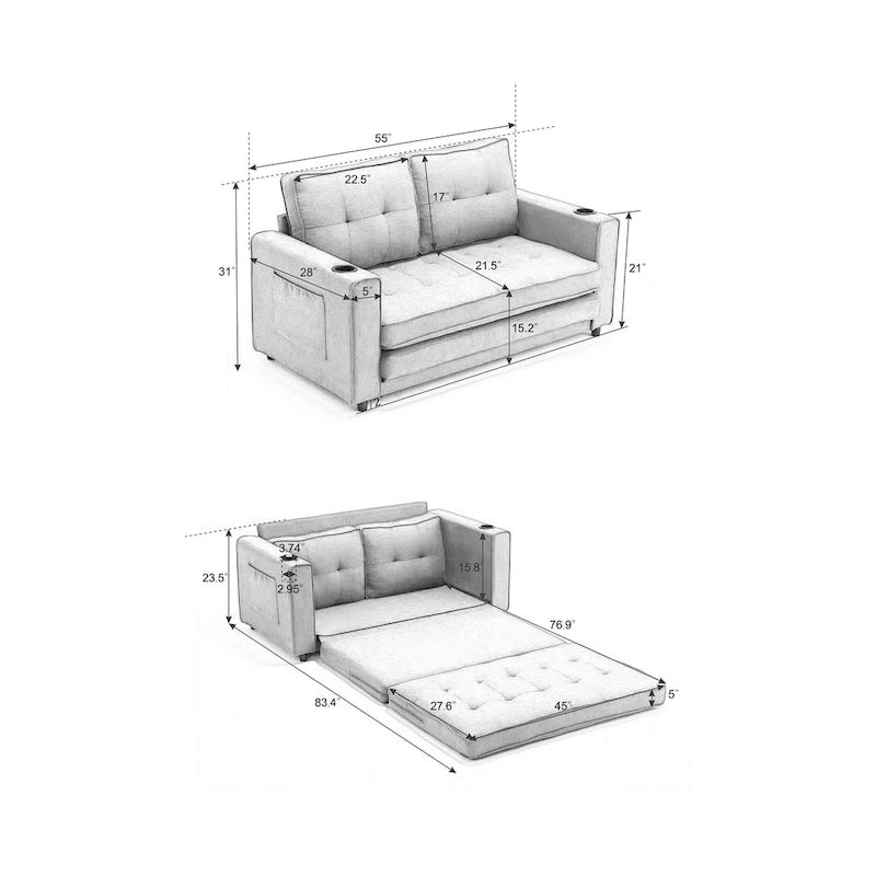 3-in-1 Foldable Tufted Loveseat Sofa Bed – Light Gray / Brown / Dark Gray / Beige, Side Pockets, Seats 2