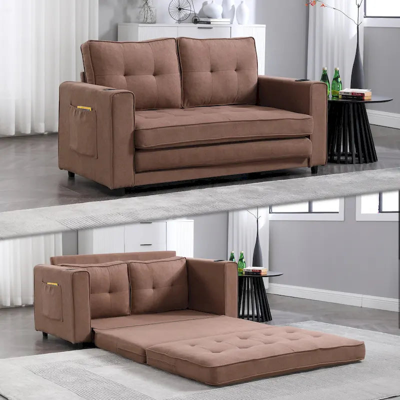 3-in-1 Foldable Tufted Loveseat Sofa Bed – Light Gray / Brown / Dark Gray / Beige, Side Pockets, Seats 2