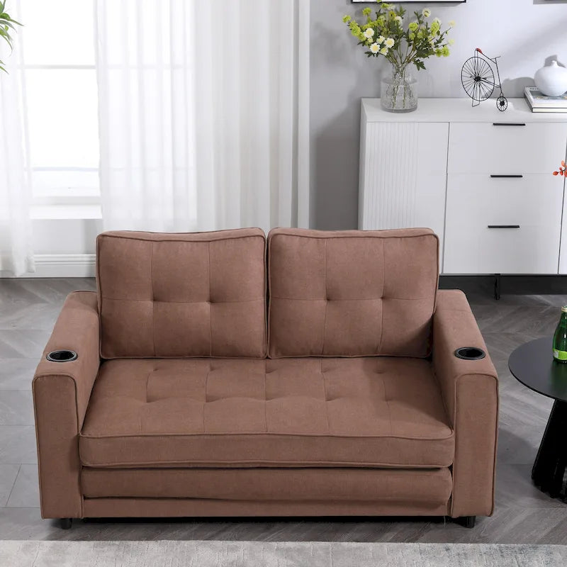 3-in-1 Foldable Tufted Loveseat Sofa Bed – Light Gray / Brown / Dark Gray / Beige, Side Pockets, Seats 2