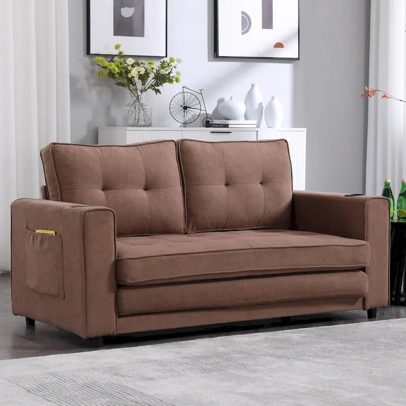 3-in-1 Foldable Tufted Loveseat Sofa Bed – Light Gray / Brown / Dark Gray / Beige, Side Pockets, Seats 2