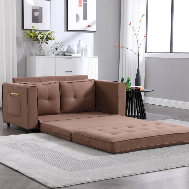 3-in-1 Foldable Tufted Loveseat Sofa Bed – Light Gray / Brown / Dark Gray / Beige, Side Pockets, Seats 2