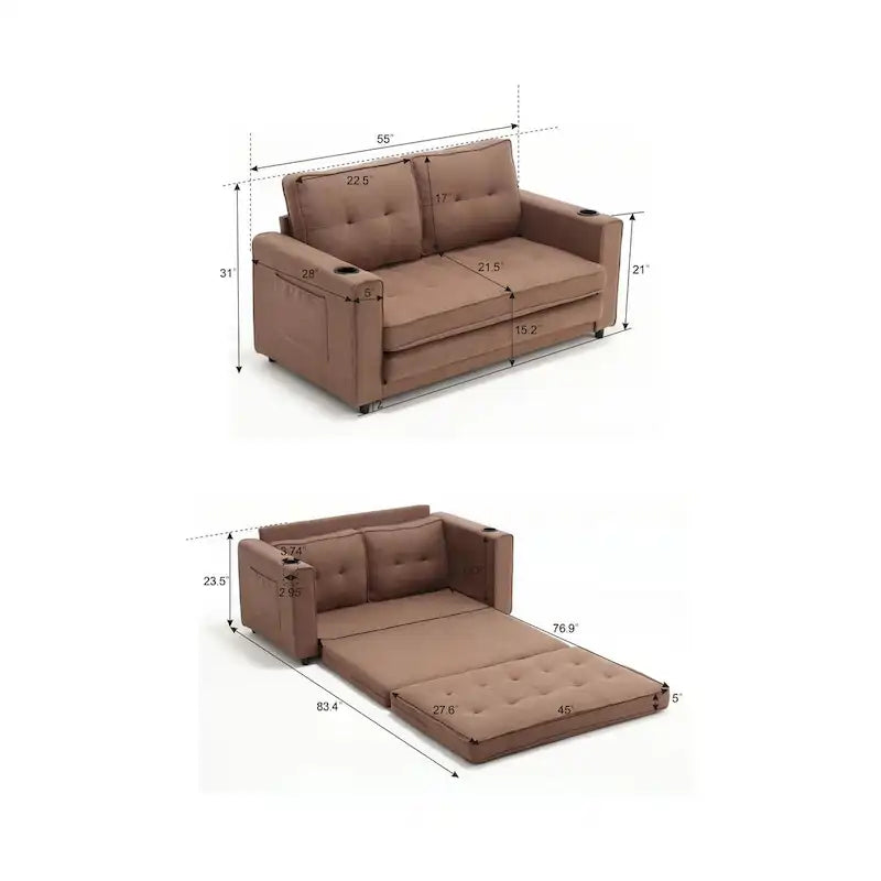 3-in-1 Foldable Tufted Loveseat Sofa Bed – Light Gray / Brown / Dark Gray / Beige, Side Pockets, Seats 2
