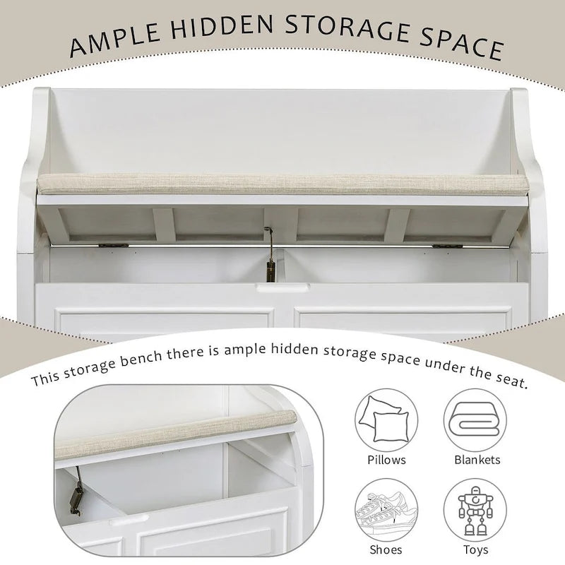 Farmhouse Storage Bench with Hidden Compartment – Gray Wash / Brown / Antique Navy / White / Espresso, Rustic Style, Single