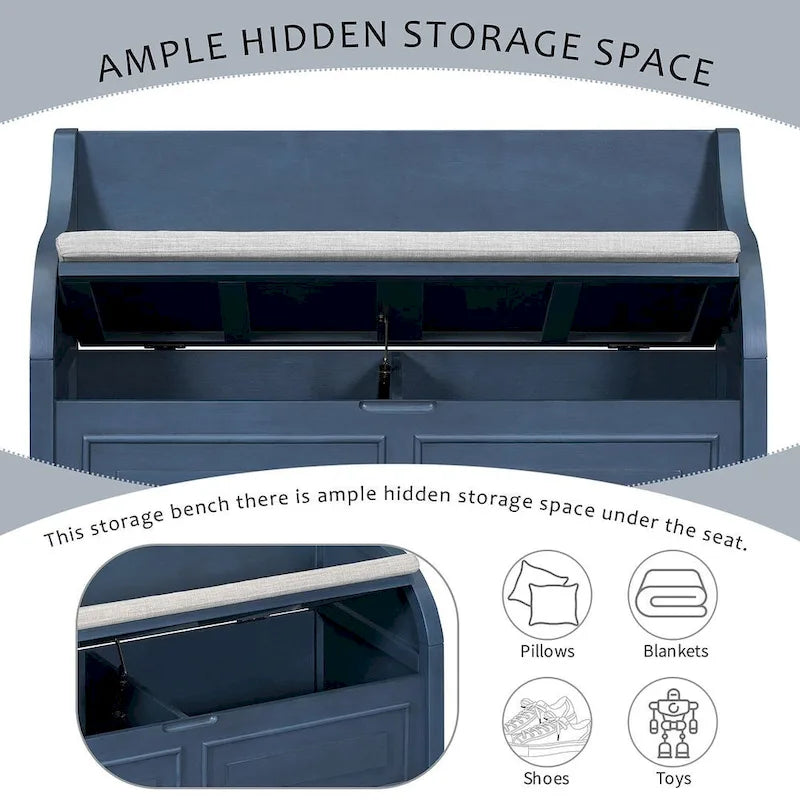 Farmhouse Storage Bench with Hidden Compartment – Gray Wash / Brown / Antique Navy / White / Espresso, Rustic Style, Single