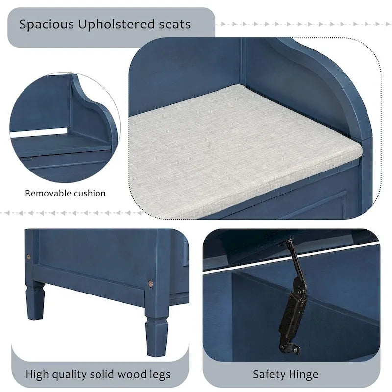 Farmhouse Storage Bench with Hidden Compartment – Gray Wash / Brown / Antique Navy / White / Espresso, Rustic Style, Single