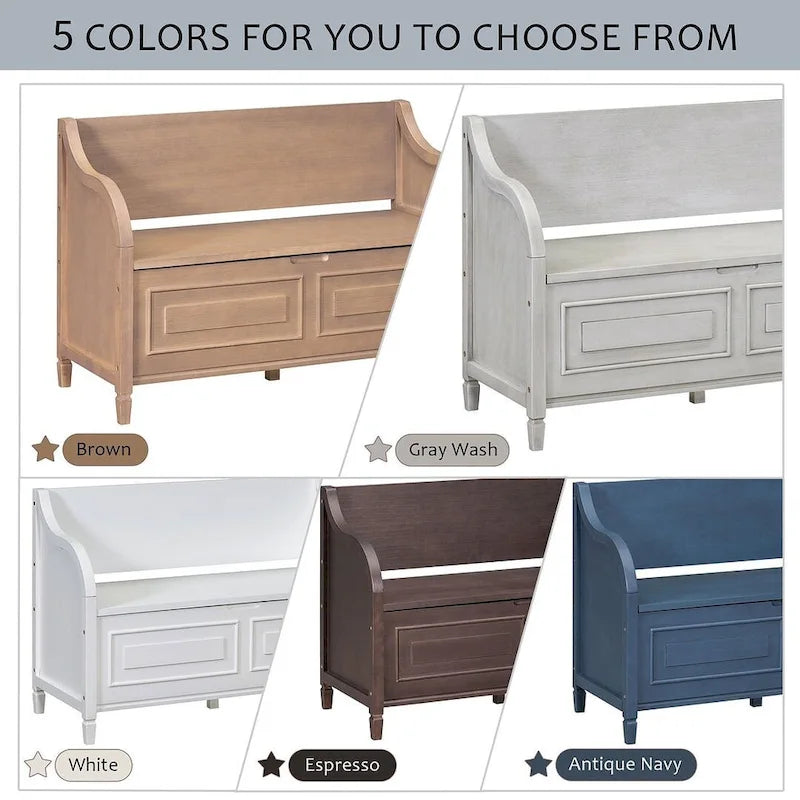 Farmhouse Storage Bench with Hidden Compartment – Gray Wash / Brown / Antique Navy / White / Espresso, Rustic Style, Single