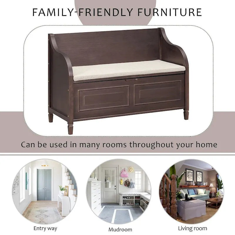 Farmhouse Storage Bench with Hidden Compartment – Gray Wash / Brown / Antique Navy / White / Espresso, Rustic Style, Single