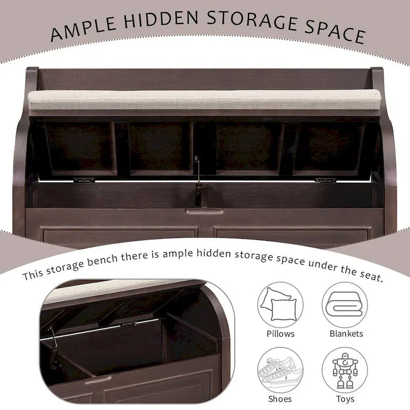 Farmhouse Storage Bench with Hidden Compartment – Gray Wash / Brown / Antique Navy / White / Espresso, Rustic Style, Single