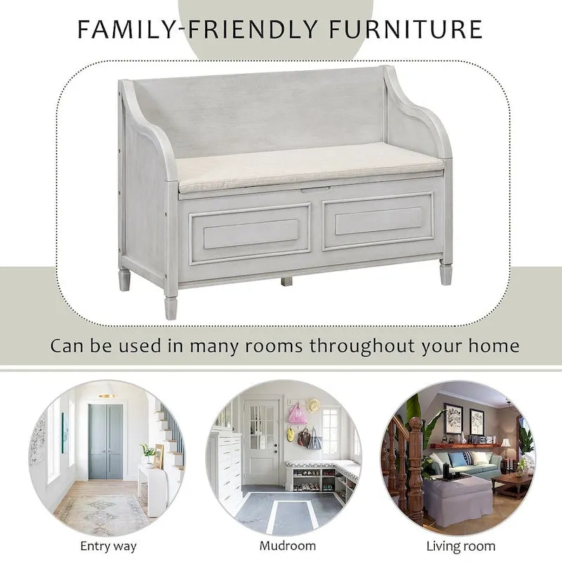 Farmhouse Storage Bench with Hidden Compartment – Gray Wash / Brown / Antique Navy / White / Espresso, Rustic Style, Single