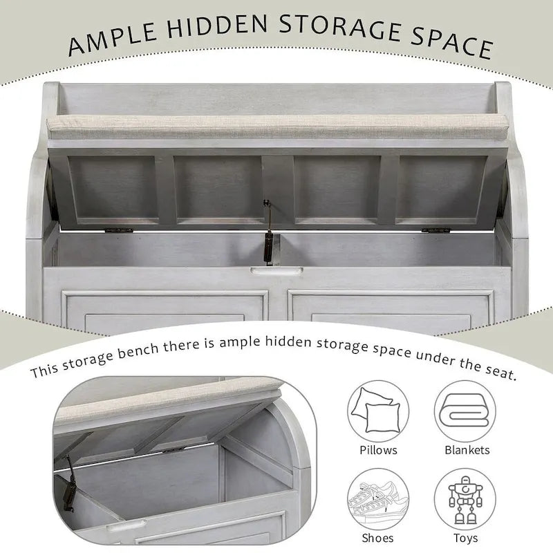 Farmhouse Storage Bench with Hidden Compartment – Gray Wash / Brown / Antique Navy / White / Espresso, Rustic Style, Single