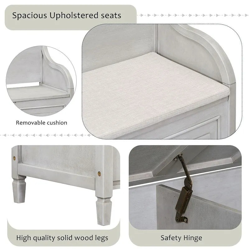 Farmhouse Storage Bench with Hidden Compartment – Gray Wash / Brown / Antique Navy / White / Espresso, Rustic Style, Single