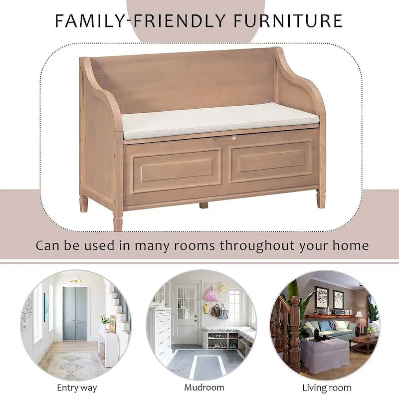 Farmhouse Storage Bench with Hidden Compartment – Gray Wash / Brown / Antique Navy / White / Espresso, Rustic Style, Single