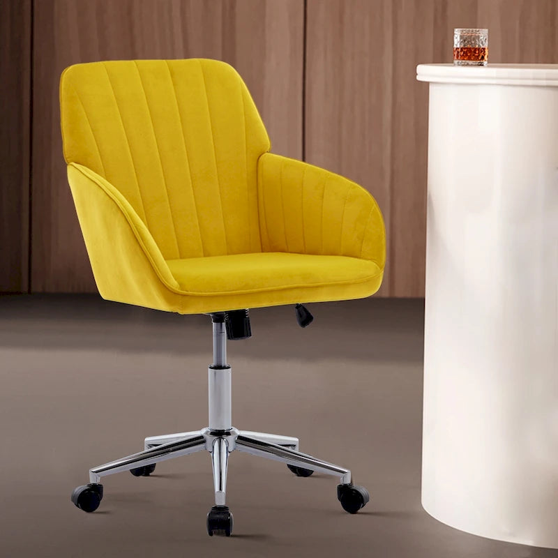 Velvet Swivel Office Chair – Bright Yellow, Gold Base, Height Adjustable, Single