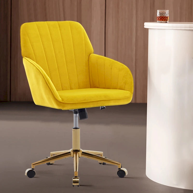 Velvet Swivel Office Chair – Bright Yellow, Gold Base, Height Adjustable, Single