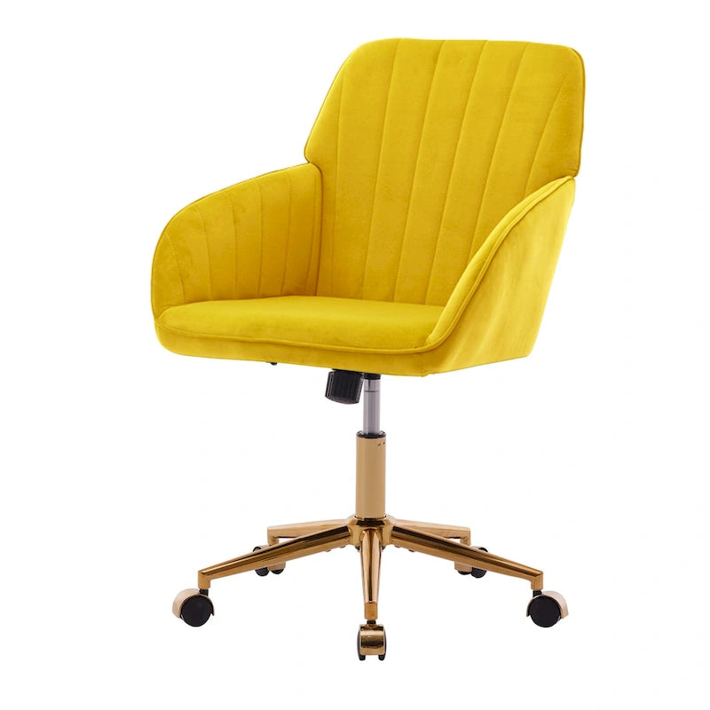 Velvet Swivel Office Chair – Bright Yellow, Gold Base, Height Adjustable, Single