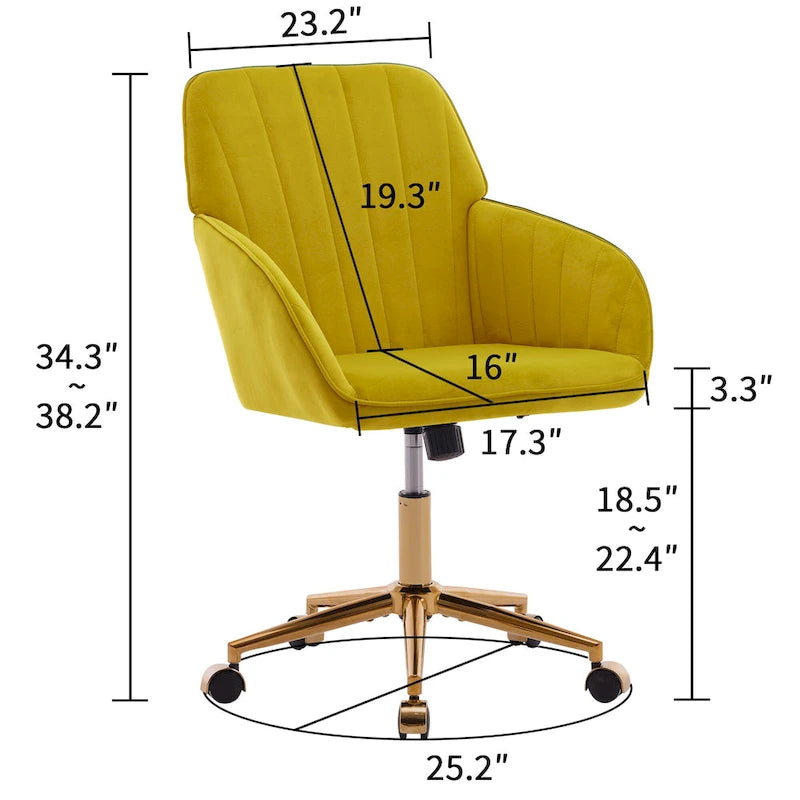 Velvet Swivel Office Chair – Bright Yellow, Gold Base, Height Adjustable, Single
