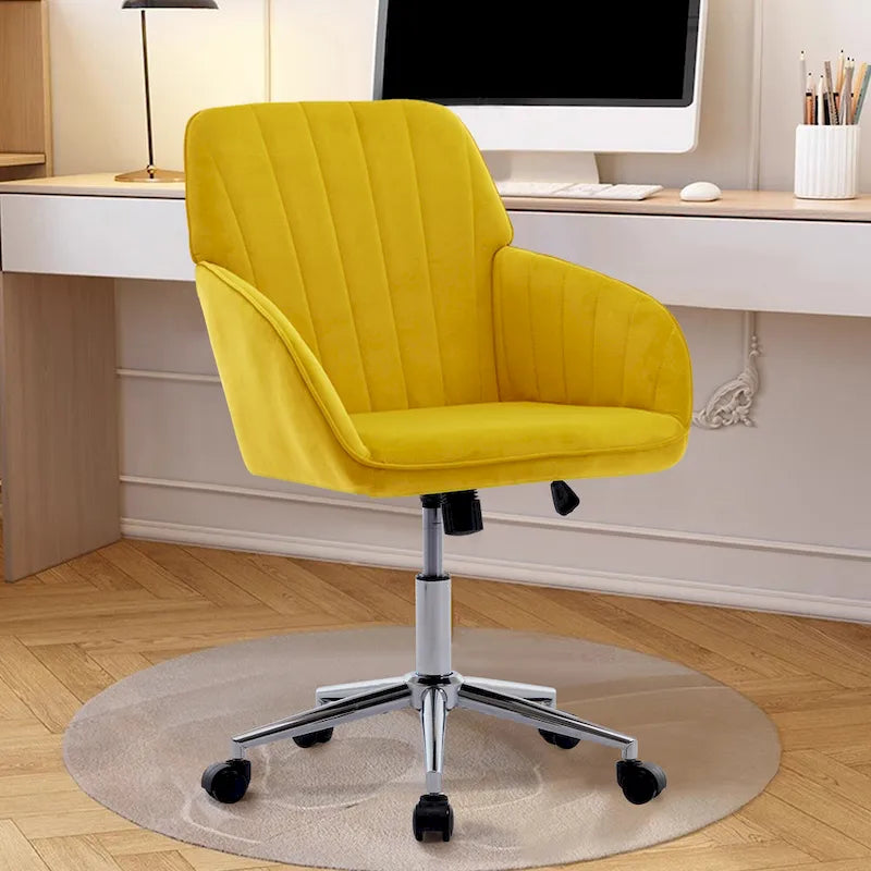 Velvet Swivel Office Chair – Bright Yellow, Gold Base, Height Adjustable, Single
