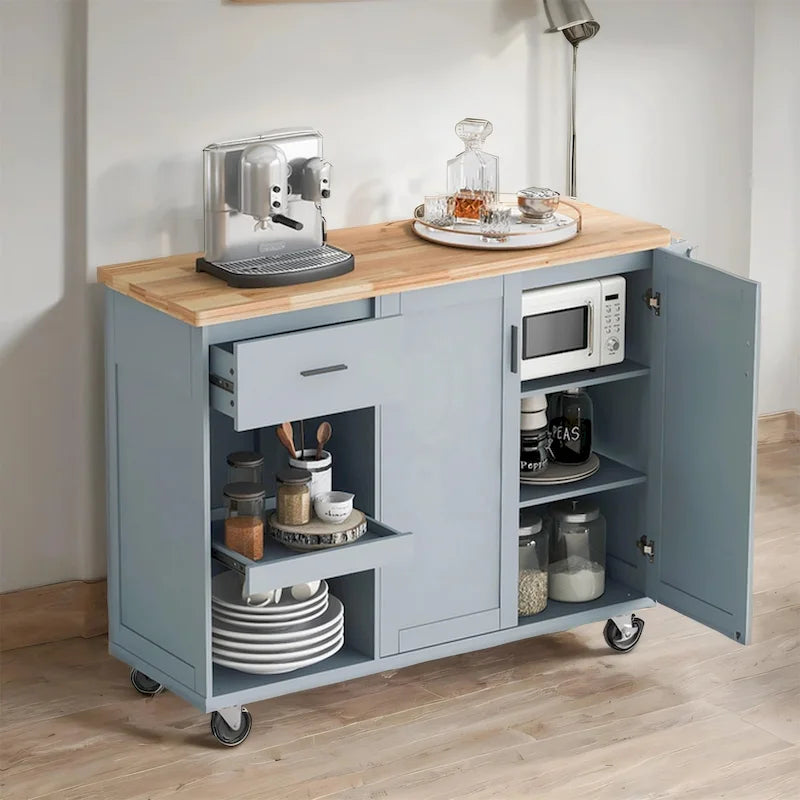 Rolling Kitchen Island with Foldable Countertop – White / Blue, Drawer & Cabinets, 1–4 Person Use