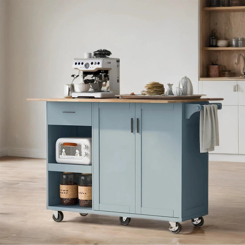 Rolling Kitchen Island with Foldable Countertop – White / Blue, Drawer & Cabinets, 1–4 Person Use