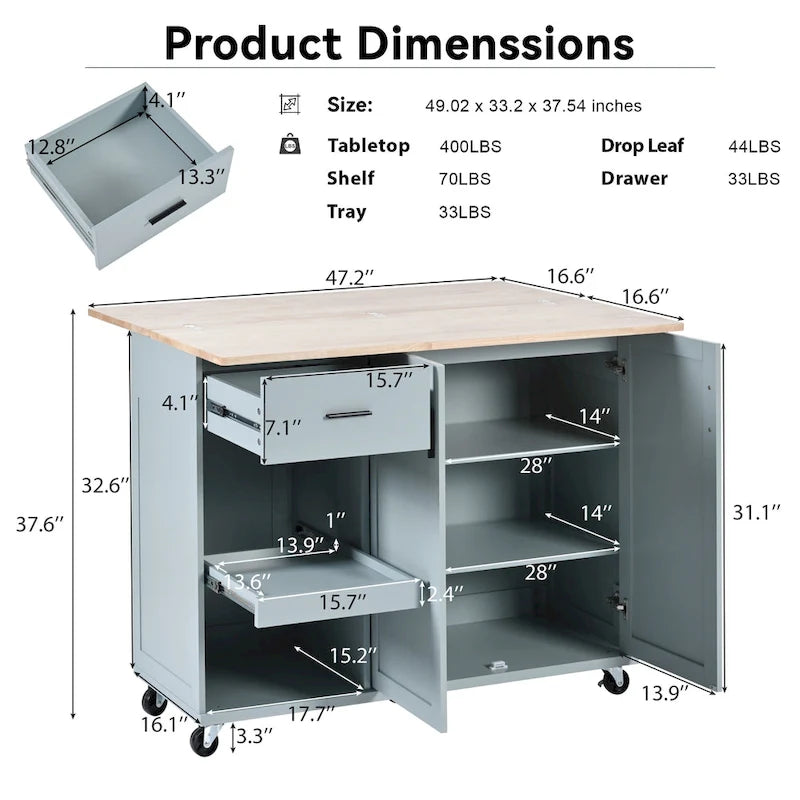 Rolling Kitchen Island with Foldable Countertop – White / Blue, Drawer & Cabinets, 1–4 Person Use