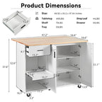 Rolling Kitchen Island with Foldable Countertop – White / Blue, Drawer & Cabinets, 1–4 Person Use