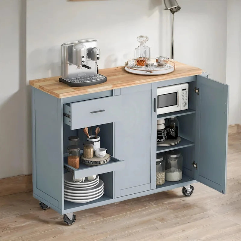 Rolling Kitchen Island with Foldable Countertop – White / Blue, Drawer & Cabinets, 1–4 Person Use