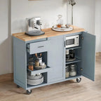 Rolling Kitchen Island with Foldable Countertop – White / Blue, Drawer & Cabinets, 1–4 Person Use