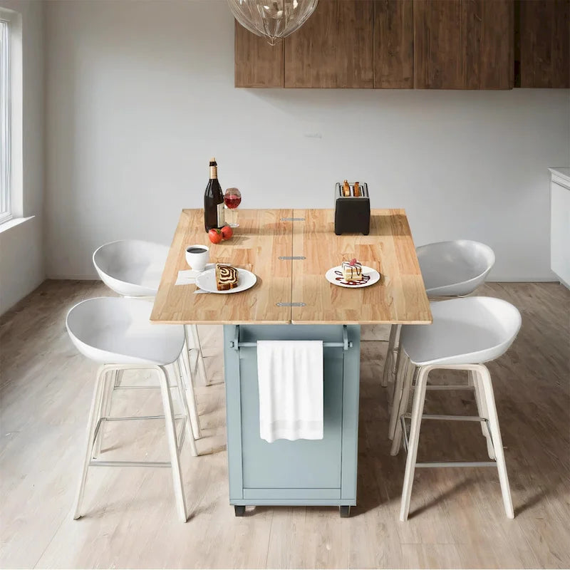 Rolling Kitchen Island with Foldable Countertop – White / Blue, Drawer & Cabinets, 1–4 Person Use