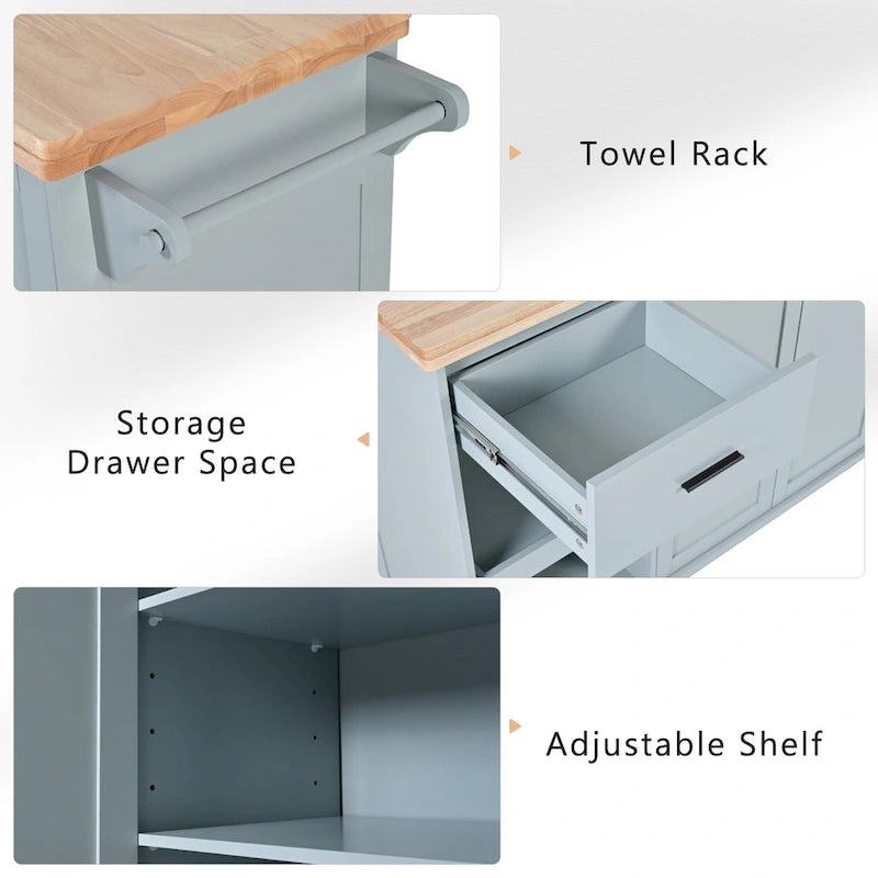 Rolling Kitchen Island with Foldable Countertop – White / Blue, Drawer & Cabinets, 1–4 Person Use