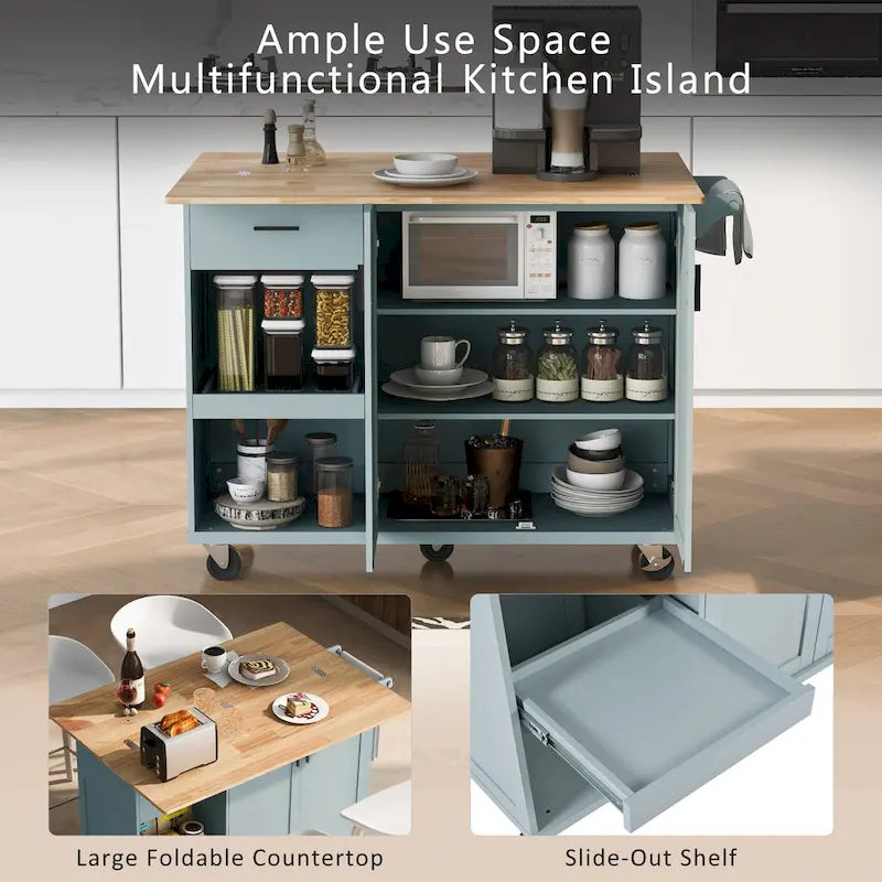 Rolling Kitchen Island with Foldable Countertop – White / Blue, Drawer & Cabinets, 1–4 Person Use