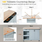 Rolling Kitchen Island with Foldable Countertop – White / Blue, Drawer & Cabinets, 1–4 Person Use