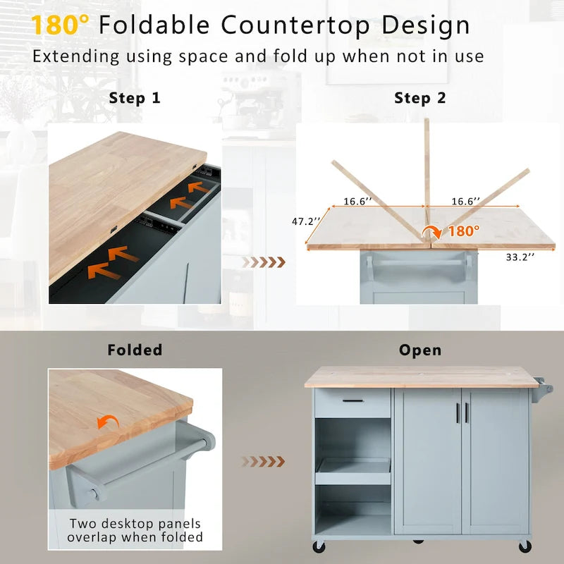 Rolling Kitchen Island with Foldable Countertop – White / Blue, Drawer & Cabinets, 1–4 Person Use