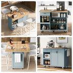 Rolling Kitchen Island with Foldable Countertop – White / Blue, Drawer & Cabinets, 1–4 Person Use