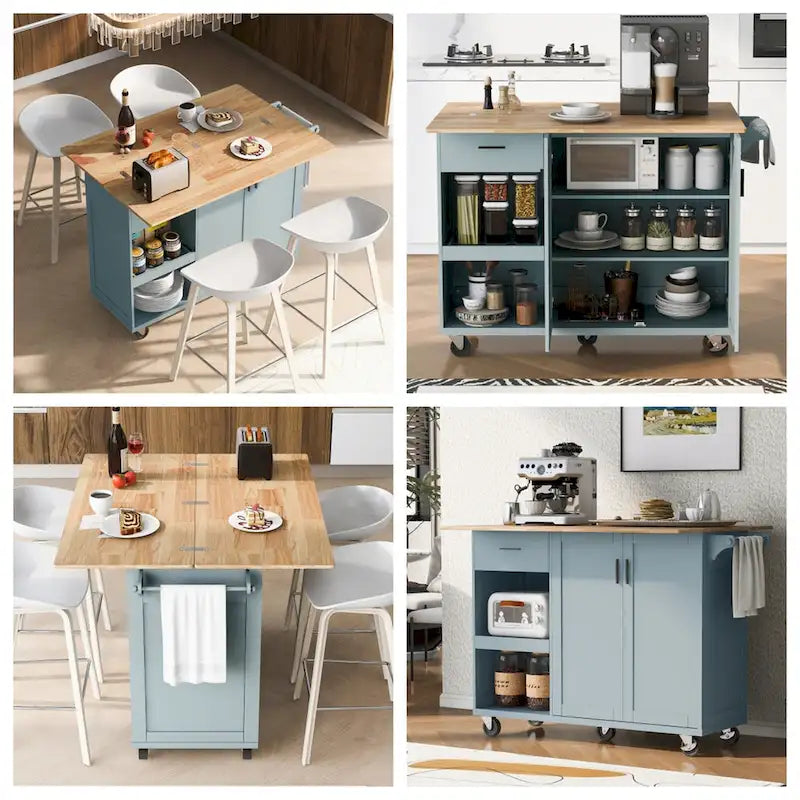 Rolling Kitchen Island with Foldable Countertop – White / Blue, Drawer & Cabinets, 1–4 Person Use