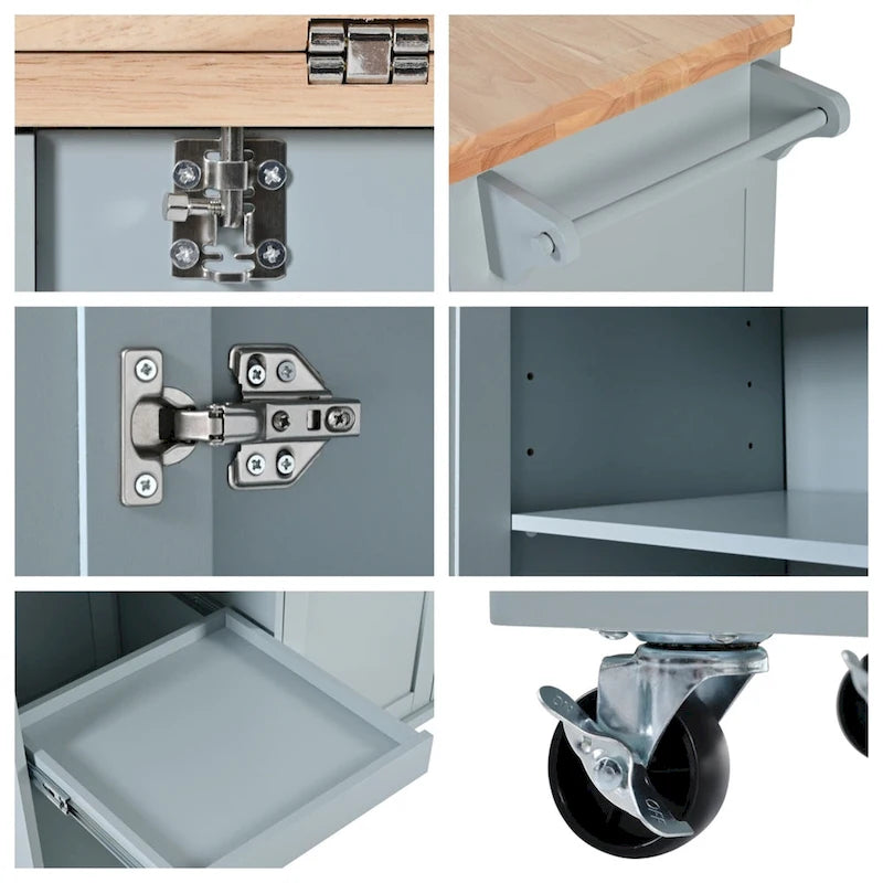 Rolling Kitchen Island with Foldable Countertop – White / Blue, Drawer & Cabinets, 1–4 Person Use