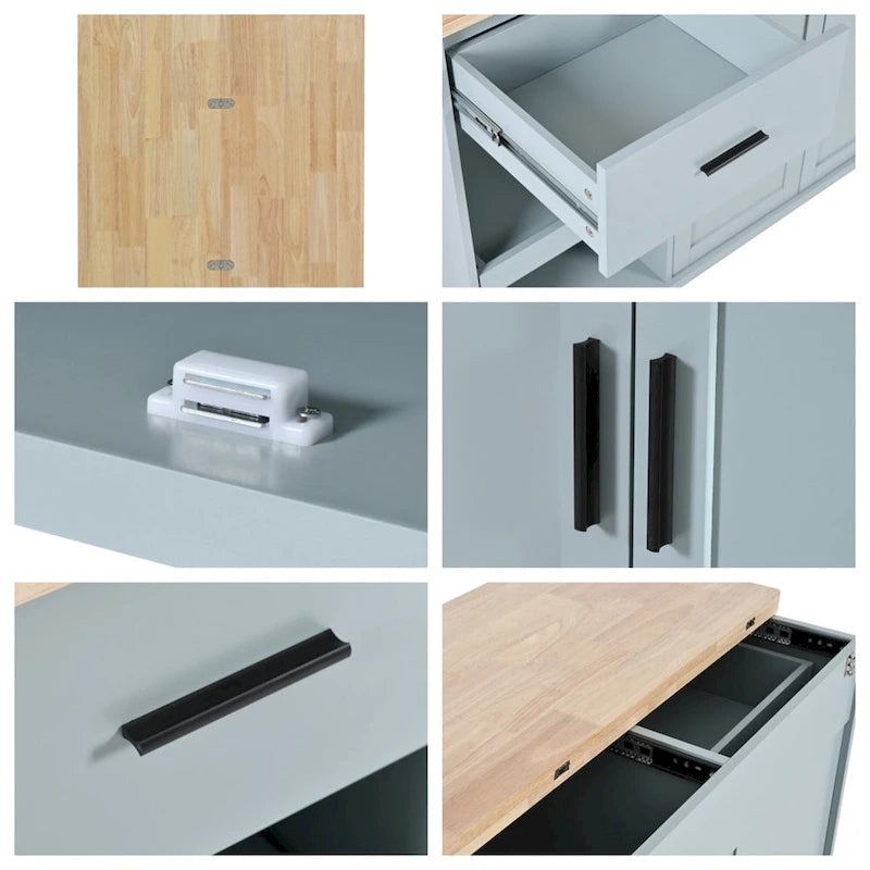 Rolling Kitchen Island with Foldable Countertop – White / Blue, Drawer & Cabinets, 1–4 Person Use