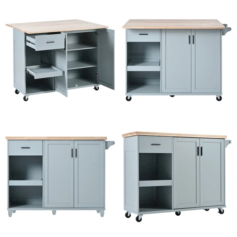Rolling Kitchen Island with Foldable Countertop – White / Blue, Drawer & Cabinets, 1–4 Person Use