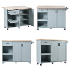 Rolling Kitchen Island with Foldable Countertop – White / Blue, Drawer & Cabinets, 1–4 Person Use