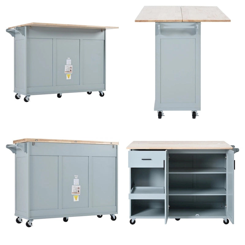 Rolling Kitchen Island with Foldable Countertop – White / Blue, Drawer & Cabinets, 1–4 Person Use