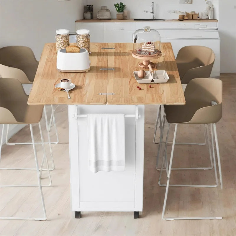 Rolling Kitchen Island with Foldable Countertop – White / Blue, Drawer & Cabinets, 1–4 Person Use