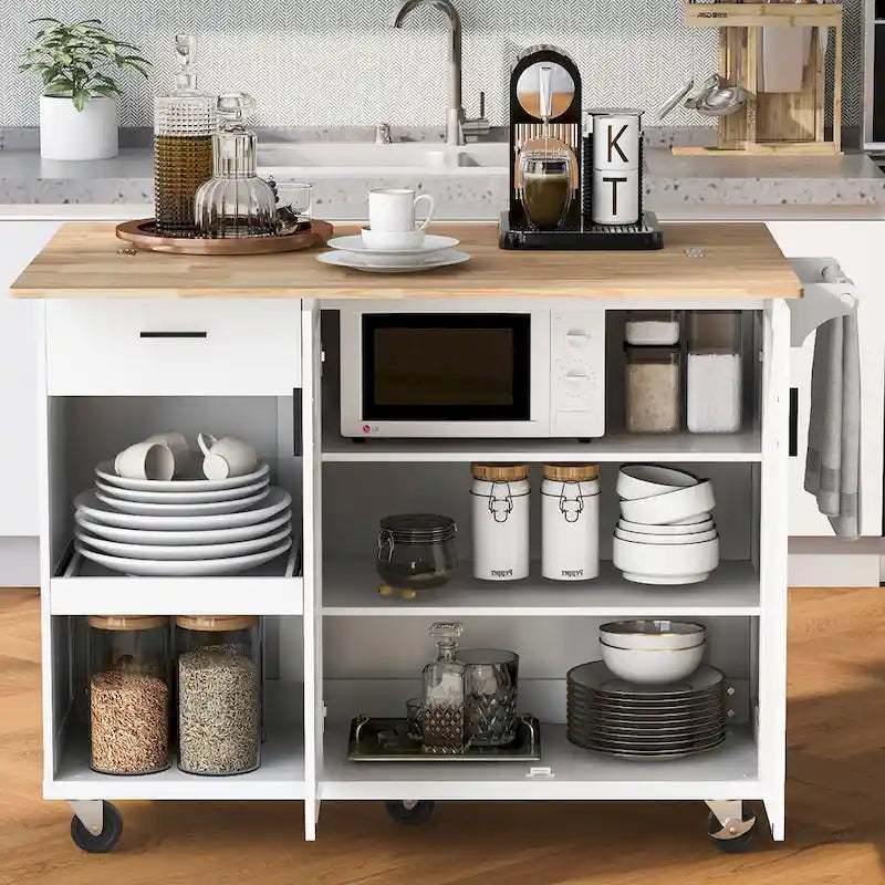 Rolling Kitchen Island with Foldable Countertop – White / Blue, Drawer & Cabinets, 1–4 Person Use